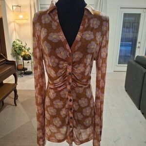 Free People Floral Button-Down in Pink and Brown